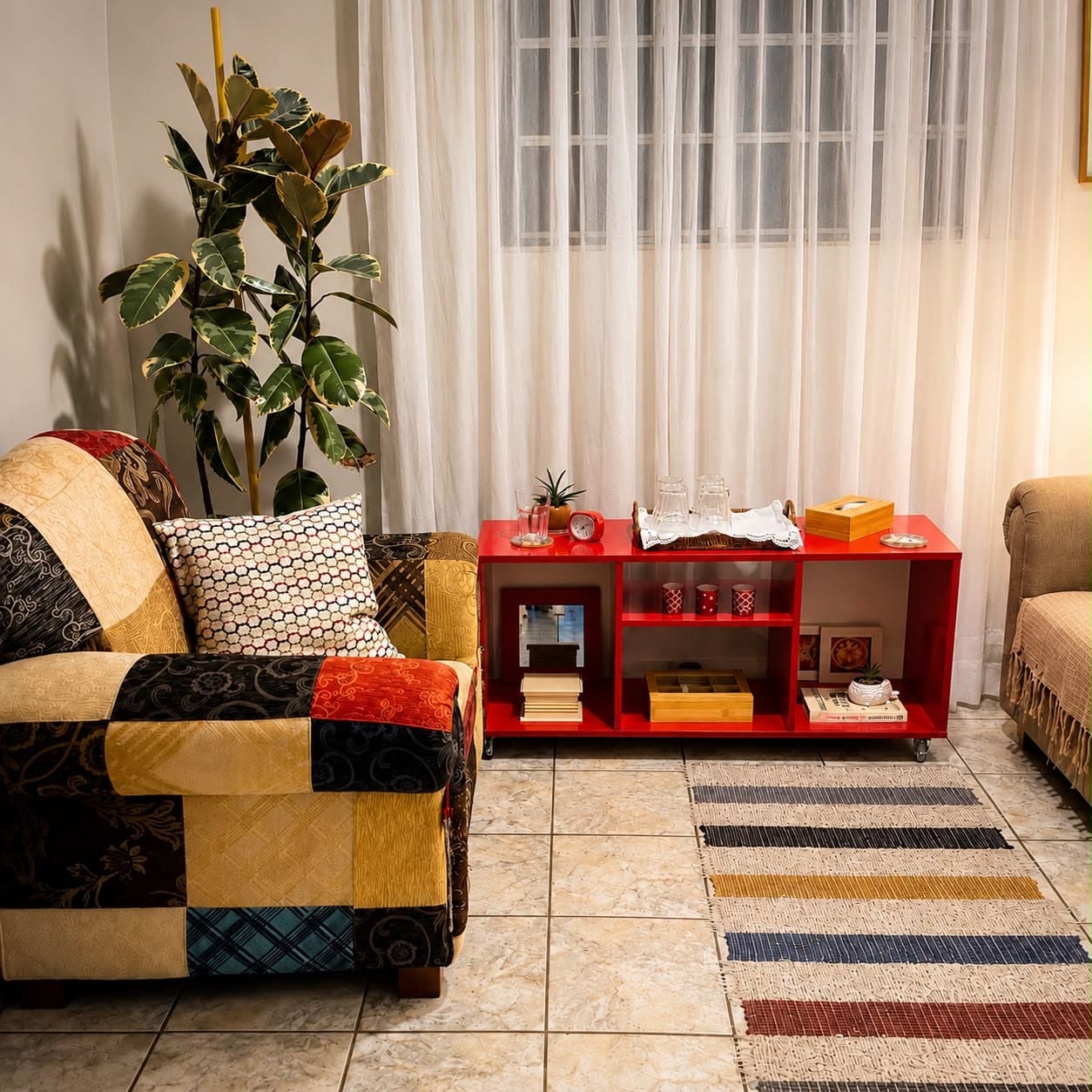 Sala de atendimento com sofá de patchwork